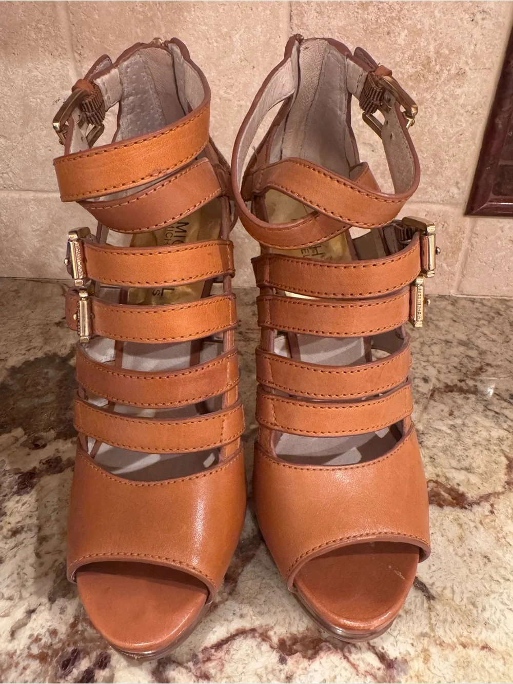 Michael Kors Leather Cognac Strappy Buckle High Heel 3”